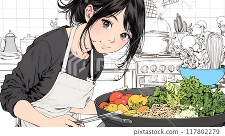 A young woman struggling with unfamiliar cooking 117802279