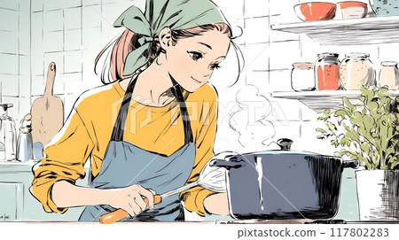 A young woman struggling with unfamiliar cooking 117802283