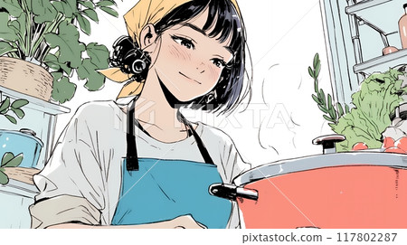 一名年輕女子正在為自己不熟悉的烹飪而苦苦掙扎。 117802287