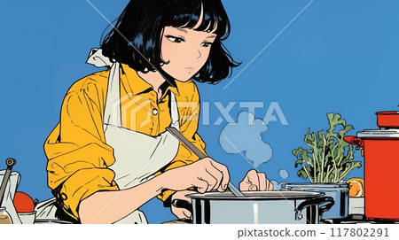 A young woman struggling with unfamiliar cooking 117802291
