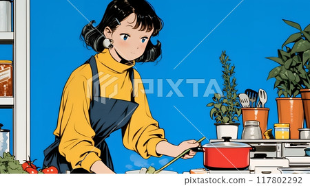 A young woman struggling with unfamiliar cooking 117802292