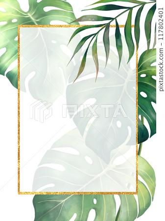 Golden rectangular frame with green tropical palm and monstera leaves illustration. Elegant element for wedding design, greeting cards and crafting, place for text 117802401