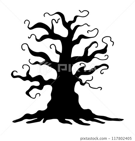 Silhouette of gnarled dry tree with curved branches. Black outline drawing for Halloween. Hand drawn isolated graphic clipart. Line sketch with twisted trunk for creepy decor and design. Doodle style Silhouette of gnarled dry tree with curved branches. Black outline drawing for Halloween. Hand drawn isolated graphic clipart. Line sketch with twisted trunk for creepy decor and design. Doodle style 117802405