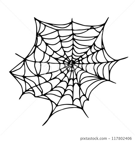 Halloween spider web line drawing. Silhouette of curved threads. Hand drawn isolated graphic clipart. Black outline art in Doodle style. Liner illustration of spider web for creepy decor and design Halloween spider web line drawing. Silhouette of curved threads. Hand drawn isolated graphic clipart. Black outline art in Doodle style. Liner illustration of spider web for creepy decor and design 117802406