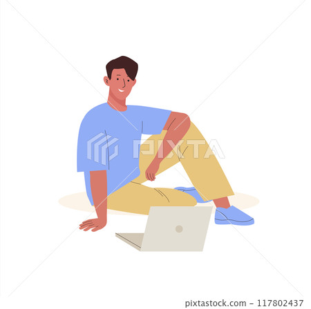 Young man sitting on the floor using laptop for work or study. Freelance, online education concept Young man sitting on the floor using laptop for work or study. Freelance, online education concept 117802437