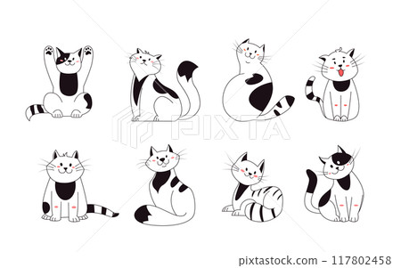 Cute smile cats set. Funny purebred kittens sitting in different poses. Pet animals set hand drawn with contour lines Cute smile cats set. Funny purebred kittens sitting in different poses. Pet animals set hand drawn with contour lines 117802458