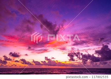 Landscape view colorful sunset or sunrise sky, Beautiful Light Sunset or sunrise over sea,Colorful clouds majestic scenery sunset Sky, Amazing clouds and waves in the ocean,Wonderful cloud background 117802535