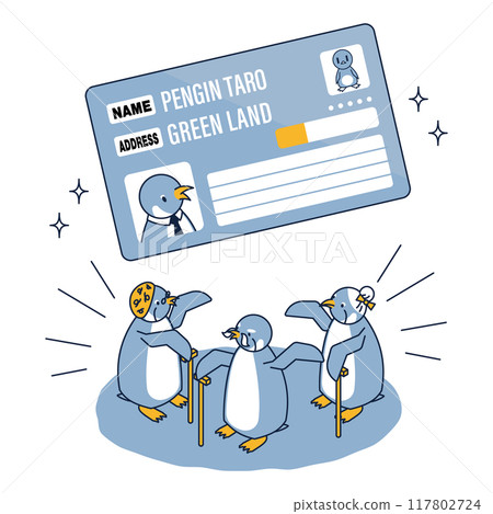 Isometric illustration of an elderly penguin using his My Number card insurance card 117802724