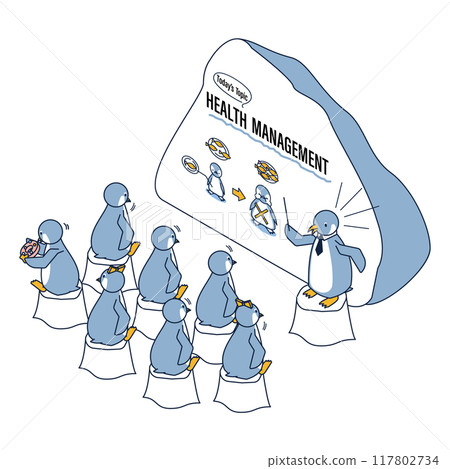 一隻企鵝專心聆聽健康管理研討會的等距圖 117802734
