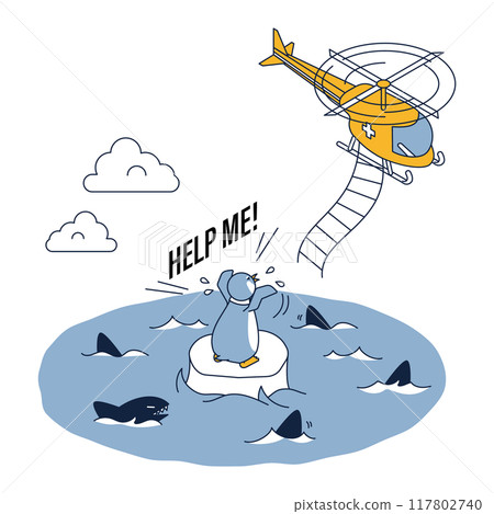 Isometric illustration of a penguin surrounded by dangerous sharks and asking for help from a helicopter Isometric illustration of a penguin surrounded by dangerous sharks and asking for help from a helicopter 117802740
