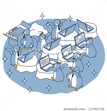 企鵝在乾淨的辦公室工作的等距圖，DX 簡化了業務環境 117802744