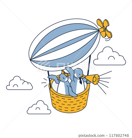 Isometric illustration of male and female penguins calling out with a megaphone from an airship 117802748