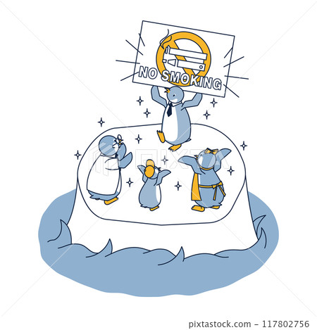 Isometric illustration of a penguin who successfully quit smoking and his doctor and family who are happy about it 117802756