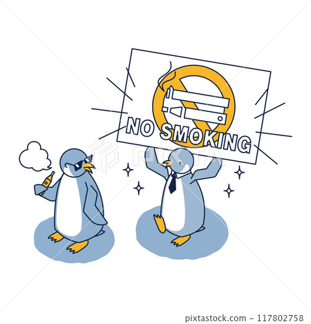 An isometric illustration of a penguin putting pressure on a penguin smoking a heated electronic cigarette with a no smoking placard 117802758