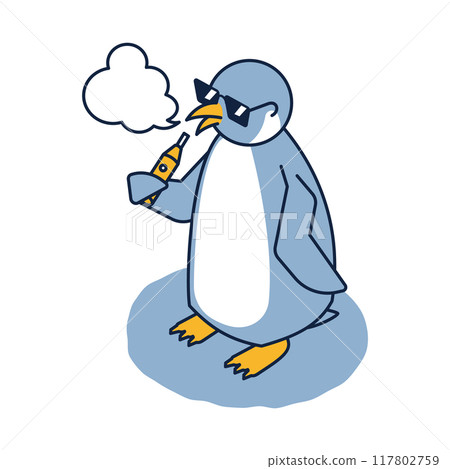 Isometric illustration of a slightly naughty penguin smoking a heated electronic cigarette 117802759