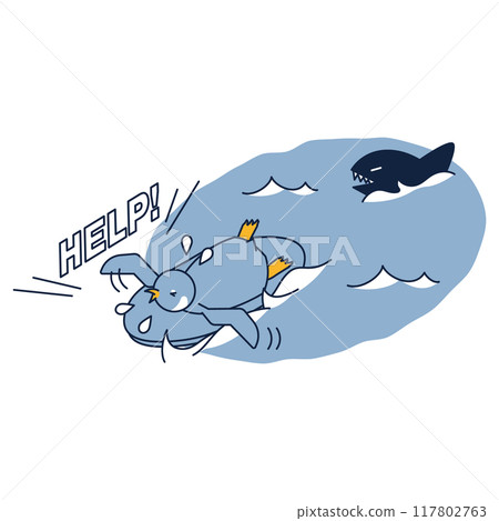 一隻衝浪企鵝逃離鯊魚的等軸測圖 117802763