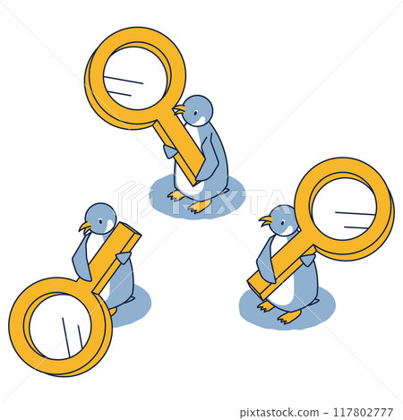 Isometric set of penguins pointing a magnifying glass in three directions Isometric set of penguins pointing a magnifying glass in three directions 117802777