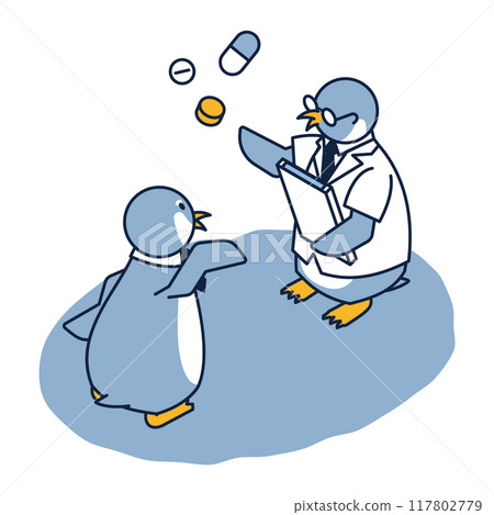 Penguin isometric illustration discussing how to take medicine with a pharmacist Penguin isometric illustration discussing how to take medicine with a pharmacist 117802779