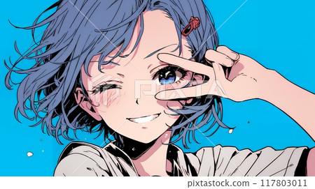 Winking woman: Peace sign 117803011