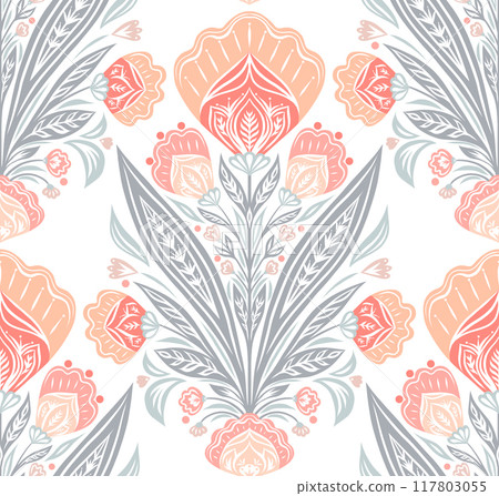 Vector decorative folk art pattern in delicate colors on white background. Tracery floral symmetrical seamless texture with pink poppies 117803055
