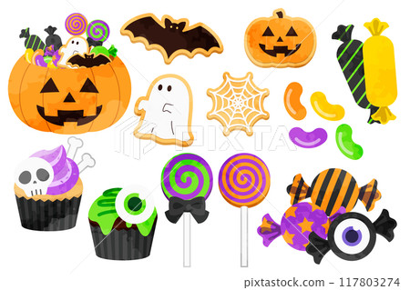 Cute hand-drawn illustration set of Halloween motif sweets Cute hand-drawn illustration set of Halloween motif sweets 117803274