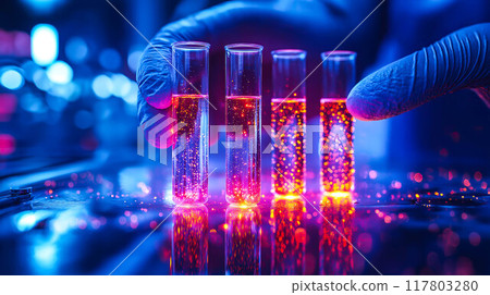 A scientist holds medical testing tubes or vials, focused on pharmaceutical research. The concept is scientific innovation and the pursuit of breakthroughs in medicine. Generative AI. 117803280