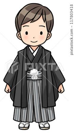 A five-year-old boy wearing a Shichigosan kimono (Osumashi) 117803418