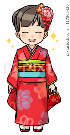穿著七、五三和服的七歲女孩(微笑) 穿著七、五三和服的七歲女孩(微笑) 117803420