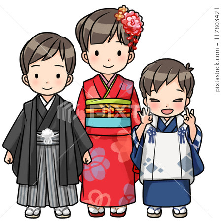 Three children wearing kimonos for Shichigosan 117803421