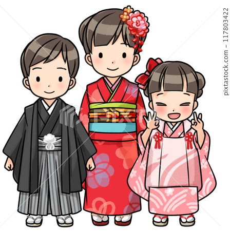 Three children wearing kimonos for Shichigosan Three children wearing kimonos for Shichigosan 117803422