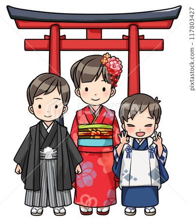 穿著七五三和服的三個孩子（鳥居） 117803427