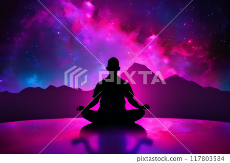 meditating on the lotus pose in front of galaxy universe background 117803584