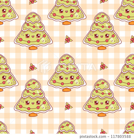 Seamless pattern with cute Christmas gingerbread tree with garland on checkered white beige background with holly. Funny traditional holiday cartoon kawaii character food. Vector illustration. Seamless pattern with cute Christmas gingerbread tree with garland on checkered white beige background with holly. Funny traditional holiday cartoon kawaii character food. Vector illustration. 117803588