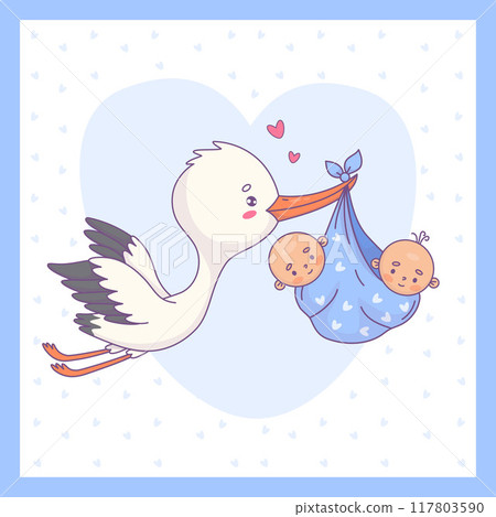 Cute white stork and two twins babies boy. Funny square card with cartoon bird kawaii and arrival infants. Vector illustration. Kids collection. 117803590