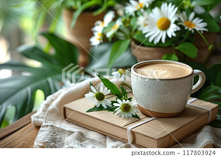 White coffee cup on top of a book with camomile flowers White coffee cup on top of a book with camomile flowers 117803924