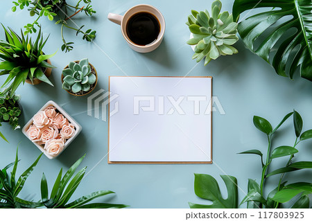 Flat lay white piece of paper sits on a table with a cup of coffee and a few potted plants with copy space 117803925