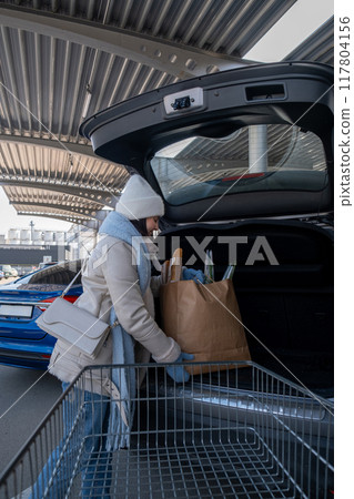 Woman uploading Groceries into Car Woman uploading Groceries into Car 117804156