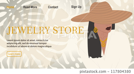 Fashion woman banner for online store. Elegant girl in hat and floral background. Fashion woman banner for online store. Elegant girl in hat and floral background. 117804380
