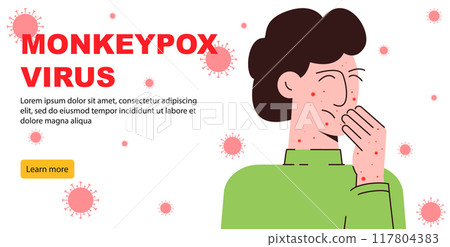 Danger of Mpox virus concept banner. Infected boy from monkey flat illustration. Monkeypox on human skin Danger of Mpox virus concept banner. Infected boy from monkey flat illustration. Monkeypox on human skin 117804383