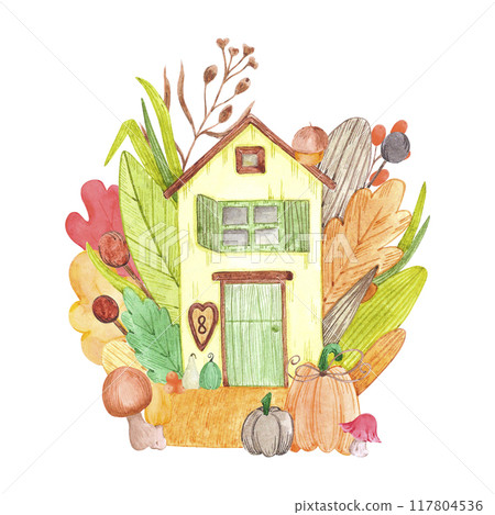 Hand drawn watercolor autumn fairytale house isolated on white background. Can be used for postcard, invitation, scrapbook and other printed products. Hand drawn watercolor autumn fairytale house isolated on white background. Can be used for postcard, invitation, scrapbook and other printed products. 117804536