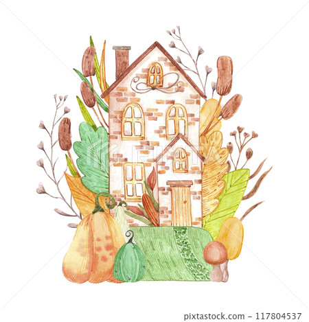 Hand drawn watercolor autumn fairytale house isolated on white background. Can be used for postcard, invitation, scrapbook and other printed products. 117804537