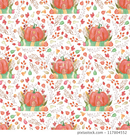 Hand drawn watercolor autumn fairytale pumpkin house with leaves seamless pattern isolated on white background. Can be used for textile, fabric, scrapbook and other printed products. 117804552