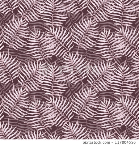 Hand drawn watercolor grey monochrome palm tree leaves seamless pattern isolated on dark background. Can be used for textile, fabric and other printed products. 117804556