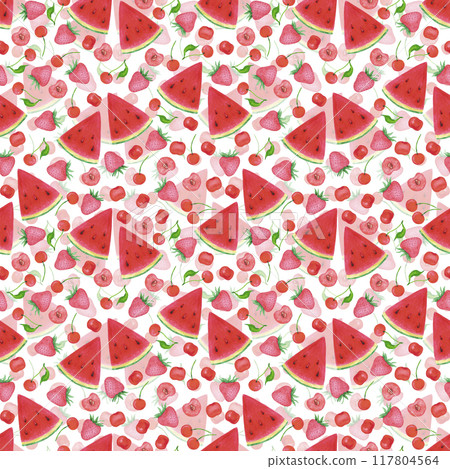 Hand drawn watercolor ripe berries and watermelon seamless pattern isolated on white background. Can be used for textile, fabric and other printed products. 117804564