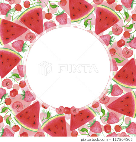 Hand drawn watercolor ripe berries and watermelon frame border isolated on white background. Can be used for postcard, invitation and other printed products. 117804565