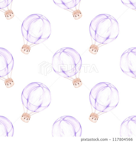 Hand drawn watercolor purple hot air balloon seamless pattern isolated on white background. Can be used for fabric, textile and other printed products. 117804566