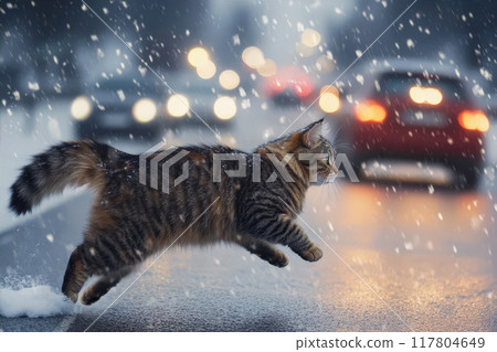 Domestic cat ran out onto road at dusk during  snowfall, risking being hit by car. 117804649