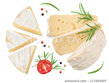 Camembert cheese isolated on white background full depth of field. Top view. Flat lay 117804905