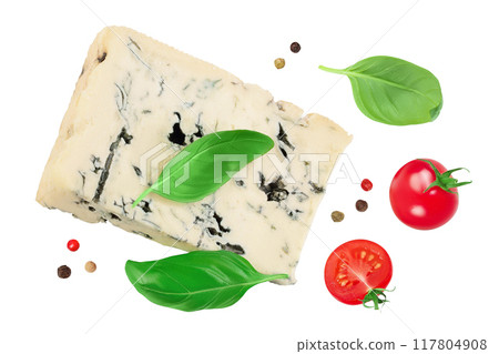 Blue cheese gorgonzola isolated on white background with full depth of field. Top view. Flat lay. 117804908