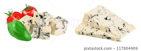 Blue cheese gorgonzola isolated on white background with full depth of field 117804909